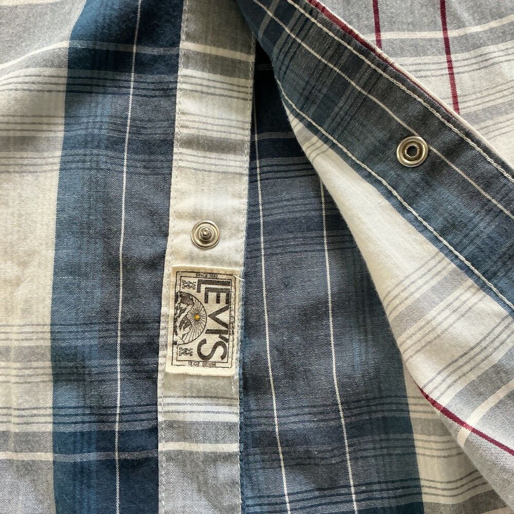 Levi's White Blue Plaid Western Pearl Snap Long Sleeve Button Down Shirt Men's L - Picture 7 of 8